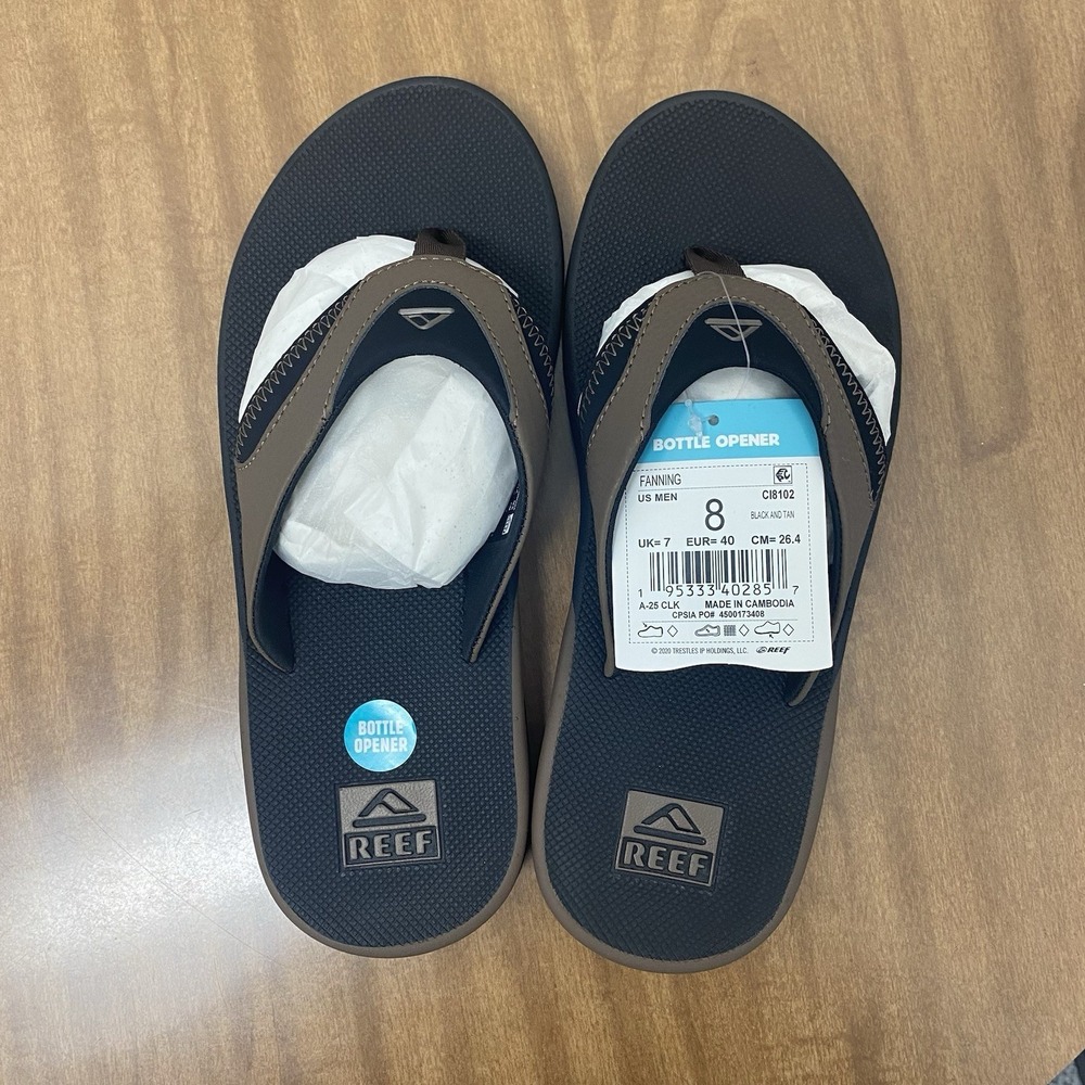 Reef Mens Sandals 2026 Fanning Mens size 8 Brown Black Flip Flop Bottle opener - Picture 2 of 4